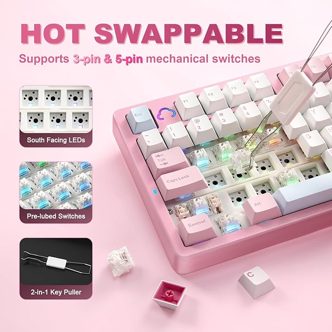 YUNZII AL98 QMK/VIA Wireless Mechanical Gaming Keyboard,Full Aluminum,BT/2.4G/USB-C, Pre-Lubed Hot Swappable Gasket Mount 1800 Layout,RGB Backlit for Win/Mac (Pink, Milk Switch)