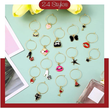 Junkin 24 Pcs Wine Glass Charms Markers Tags for Stem Glasses Drink Markers Wine Charm Ring Identifier for Wedding Bachelorette Tasting Holiday Party Favor Decoration (Cute Style)