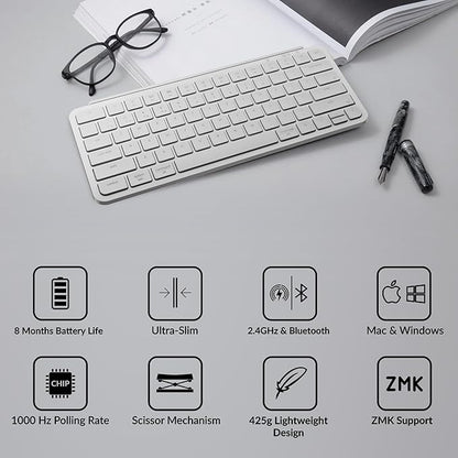 Keychron B1 Pro Ultra-Slim ZMK/Launcher Wireless Bluetooth 2.4 GHz/Wired Connection Keyboard for Mac Windows Linux - White
