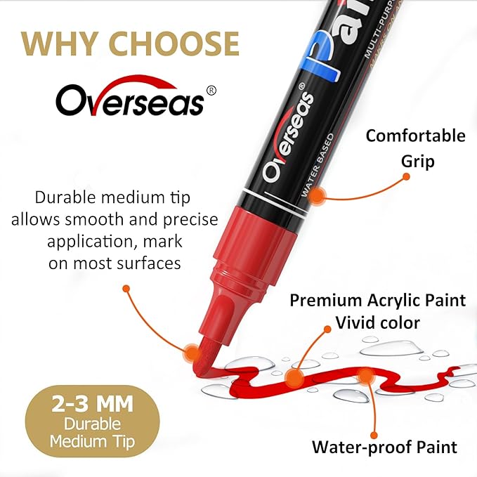 Overseas Blue Paint Pens Paint Markers - Permanent Acrylic Markers 12 Pack, Water-Based, Quick Dry, Waterproof Marker Pen for Rock, Wood, Plastic, Metal, Canvas, Glass, Fabric, Mugs. Medium Tip