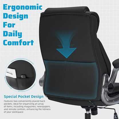 Large High Back Office Chair with Flip Arms- Executive Desk Chair with Locking Wheels, Adjustable Lumbar Support, Ergonomic Synthetic Leather Computer Chair Prevents Cats Scratching