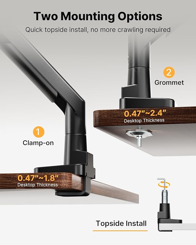 monTEK Sleek Aluminum Monitor Arm for 17–57” Ultrawide Screens up to 59 lbs, USB 3.0 A/C, Heavy Duty Single Monitor Arm Desk Mount, Pneumatic Lift, Quick-Release Plate, Clamp/Grommet, VESA 100x100