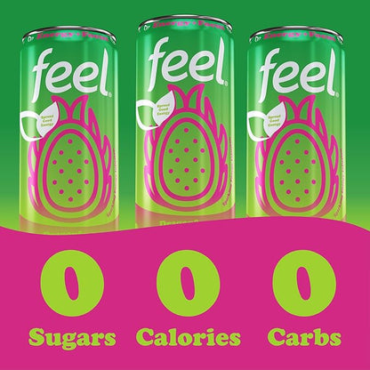 FEEL Zero Sugar Natural Energy Drink – Dragonfruit Lime, 140 mg Plant-Based Caffeine with L-Theanine for Focus & Vitamin C for Immunity, Vegan, Non-GMO, No Artificial Sweeteners, 12 Fl Oz Cans (12-Pack)