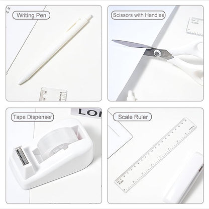 Desk Accessories with Pen Holder, Office Supplies Desk Organizers and Accessories, Tape Dispenser, Stapler, Staple Remover, Staples, Clips Set, Ruler, Scissor, Pen, Tape (White)