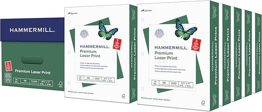 Hammermill Printer Paper, Premium Laser Print 24 lb, 3 Hole - 10 Ream (5,000 Sheets) - 98 Bright, Made in the USA, 107681C