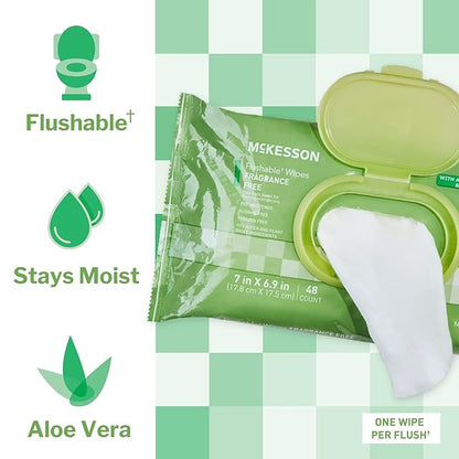McKesson Adult Flushable Wet Wipes - 144 Count (3 Pack of 48) - Aloe & Vitamin E, Plant-Based Cleansing Wipes, Unscented