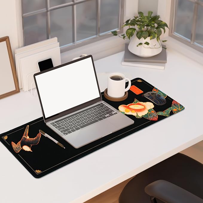 BELLEMOND Japanese Art Desk Mat | Large 31.5x11.8in Desk Pad | Mouse Pad for Keyboard & Mouse | Non-Slip Base, Water-Repellent, Smooth Precision | Camellia Silence