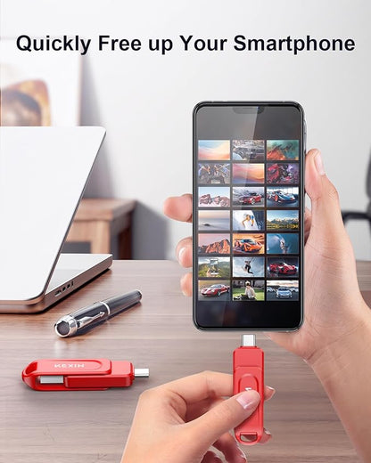 KEXIN Dual 64GB Flash Drive 3.0 USB-A & Type-C Thumb Drive 100MB/s Swivel USB Drive 64GB Memory Stick for Smartphone Tablet iPhone 15/16 Car Game Console, Red