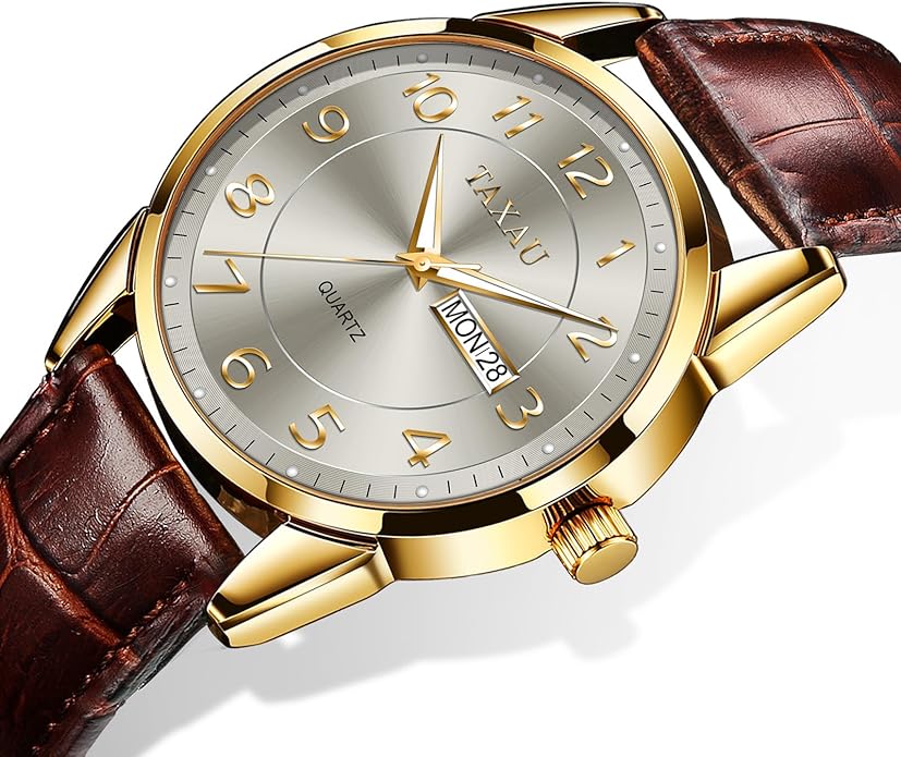 Men's Watch Big Face Easy Read Arabic Numeral Dress Watches for Men Classic Black Brown Leather Band Analog Mens Wrist Watch with Day and Date Fashion Business Waterproof Luminous Quartz Watch