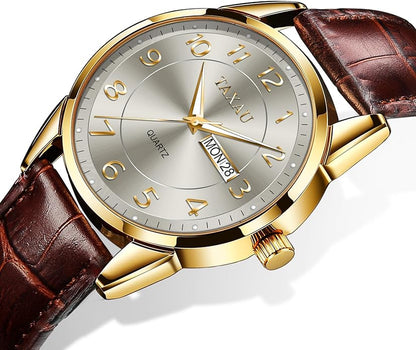 Men's Watch Big Face Easy Read Arabic Numeral Dress Watches for Men Classic Black Brown Leather Band Analog Mens Wrist Watch with Day and Date Fashion Business Waterproof Luminous Quartz Watch