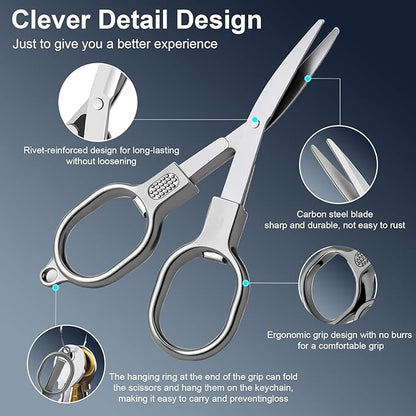 2 Pcs Folding Stainless Steel Portable Mini Small Travel Scissors, Safety Foldable Pocket Badge Nursing Scissors with 2 Keychain for Travel, Home, Office, Craft, Sewing (Silver)