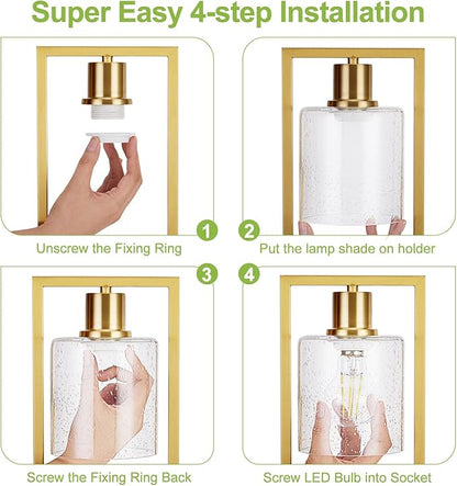 16" Set of 2 Gold Industrial Table Lamps with USB A+C Charging Ports and AC Outlet, Fully Stepless Dimmable Bedside Lamps with Seeded Glass Shade for Bedroom Living Room Office, LED Bulbs Included