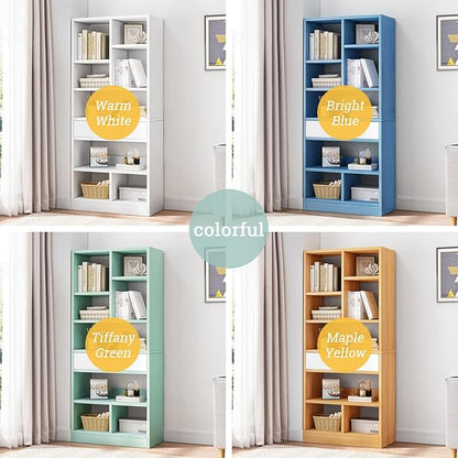 IOTXY Wooden Open Shelf Bookcase - 71 Inches Tall Freestanding Display Storage Cabinet Organizer with 10 Cubes and a Drawer, Floor Standing Bookshelf in Bright Blue
