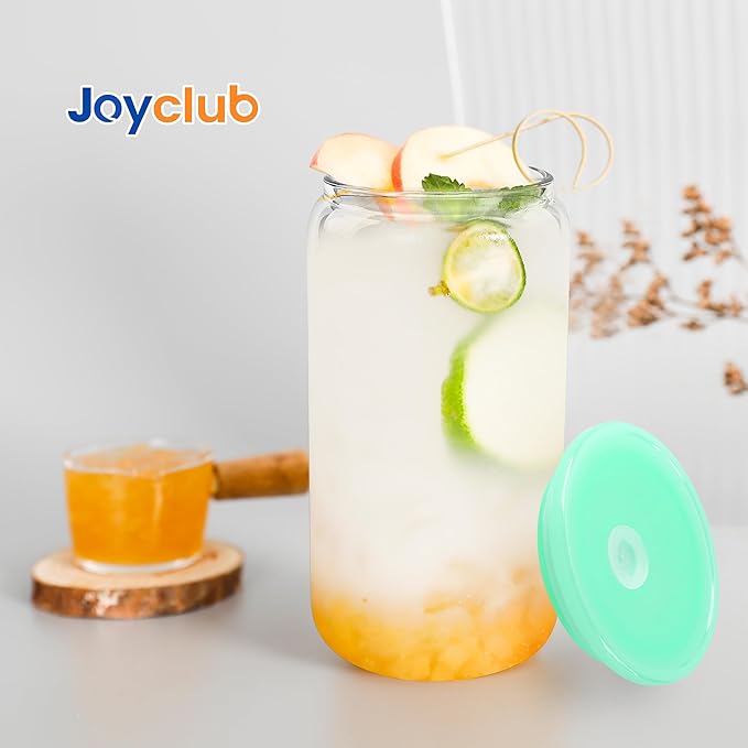 Joyclub 12pcs Glass Cups with Acrylic Lids and Straws 16 oz Can Shaped Glass Iced Coffee Cups with Lids and Straws, Cute Tumbler Cup Drinking Glasses for Smoothie Whiskey Boba Soda Tea Gift