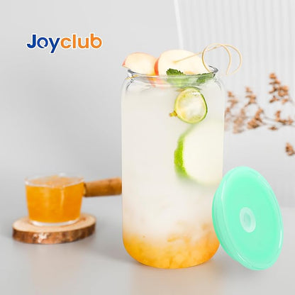 Joyclub 12pcs Glass Cups with Acrylic Lids and Straws 16 oz Can Shaped Glass Iced Coffee Cups with Lids and Straws, Cute Tumbler Cup Drinking Glasses for Smoothie Whiskey Boba Soda Tea Gift