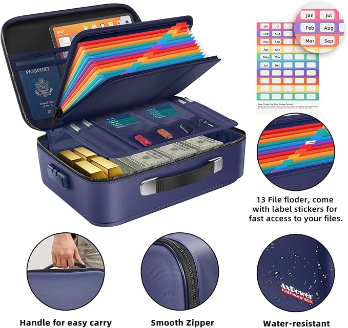 Fireproof Document Storage Box Hard Case With Lock, Multi-Layer Fire Proof Water Resistant Safe Box File Organizer Bag With Small Money Bag for Important Documents Passport Certificates Laptop (Blue)