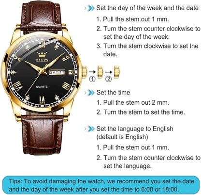 OLEVS Men's Simple Watch with Day and Date, Stainless Steel Analog Quartz Watches for Men, Classic Luminous Hands Men's Dress Watches, Black/White/Blue Dial