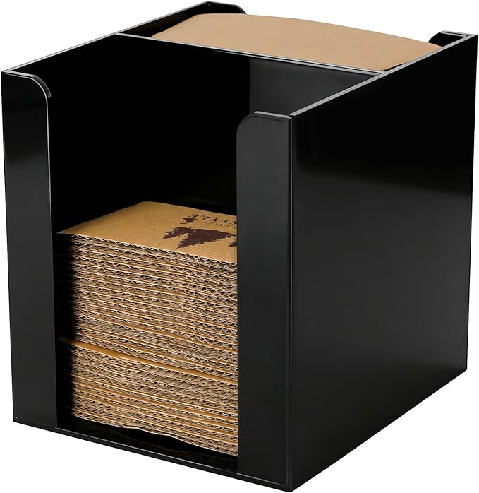 Aolamegs Coffee Cup Sleeve Holder Dispenser - Black Acrylic 2 Compartment Vertical Organizer, Slim Front-to-Back Design Saves Counter Space, Holds 100 Sleeves for Home, Office&Coffee Station(5.39" W)