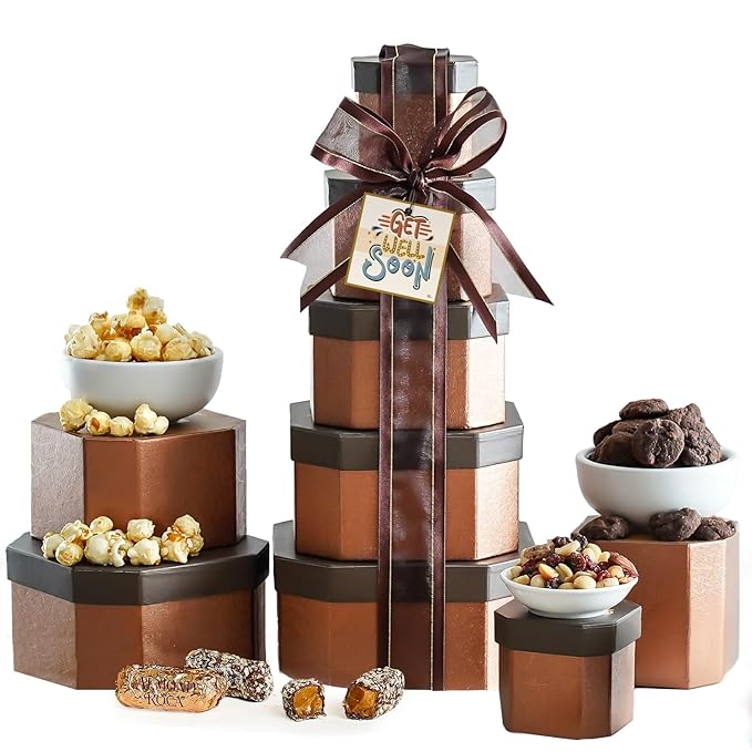 Broadway Basketeers Get Well Gift Basket Tower – Gourmet Care Package with Cookies, Sweet & Savory Snacks for Men, Women – Encouraging Get Well gifts for Recovery, After Surgery, Thinking of You