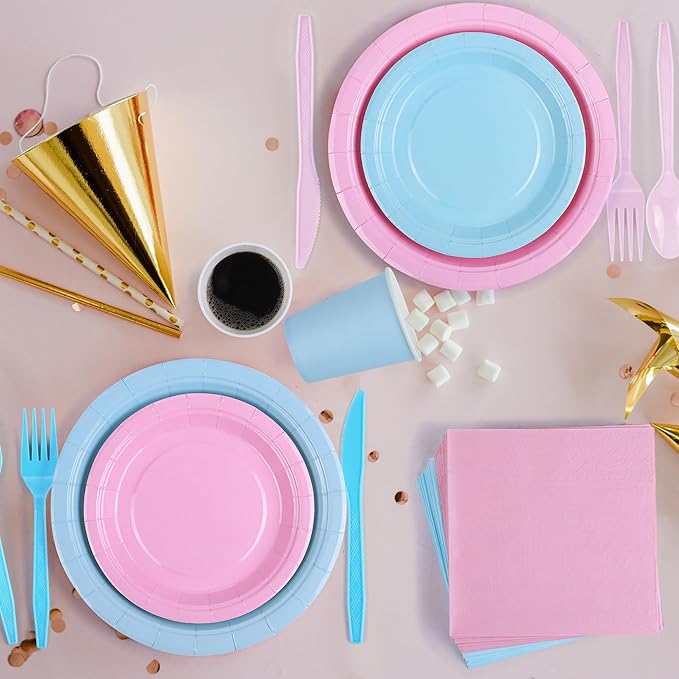 durony 350 Pieces Baby Gender Reveal Party Supplies Light Pink Light Blue Paper Plates Serve 50 Guests Boy or Girl Gender Reveal Plates Napkins Paper Cup Cutlery for 1st Birthday and Baby Shower Decor
