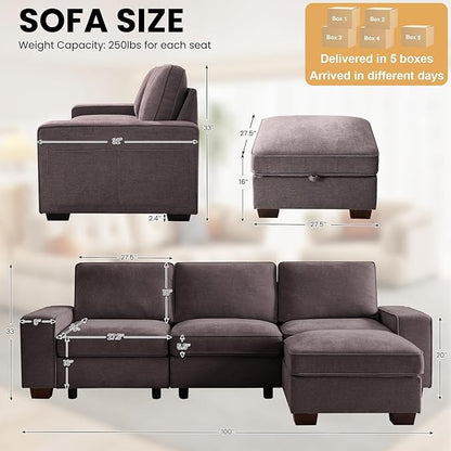 TEKAMON 100" Modular Sectional Sofa with Seats Storage, L Shaped Couch with Movable Ottoman, Chenille Fabric Couch for Living Room, Office, Deep Seat, USB Charging,Removable Cover (Dark Grey)
