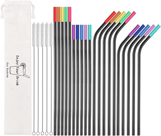 20 Pcs Black Reusable Stainless Steel Straws,10.5" & 8.5" Reusable Drinking Straws with 20 Silicone Tips 5 Straw Brushes 1 Travel Case,Eco Friendly Extra Long Metal Straw for 20 24 30 oz Tumbler