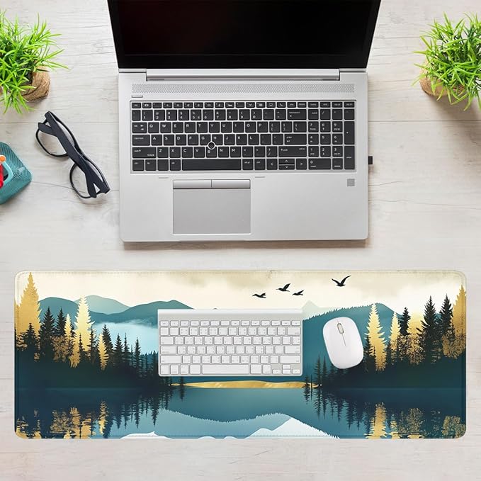 Mountain Forest Desk Pad Mouse Pad Abstract Nature Lake Scenic Mousepad XL Large Gaming Mouse Pad Laptop Keyboard Mat Desk Pad 31.5"x11.8"