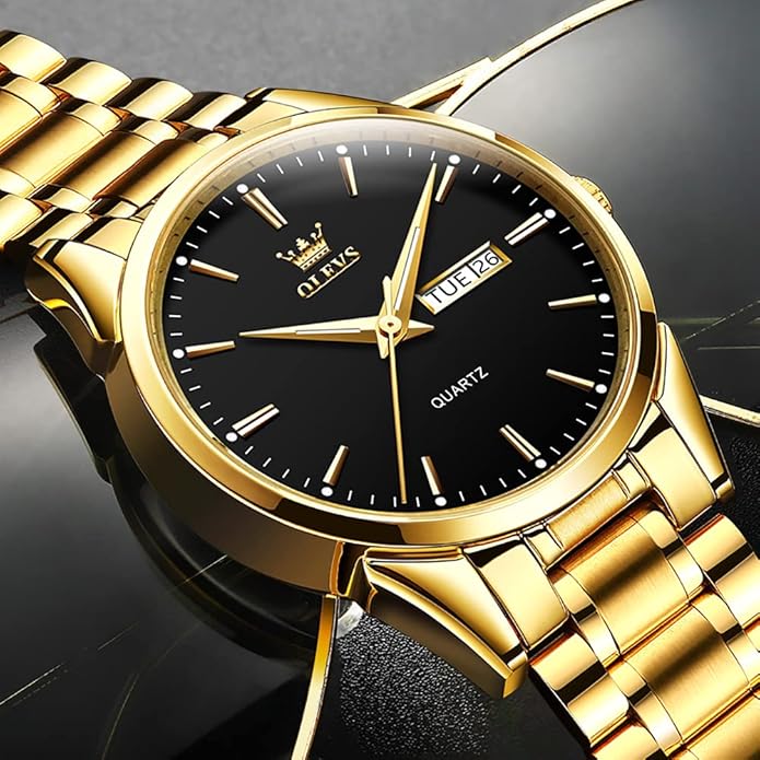 OLEVS Men's Luxury Watch Waterproof Luminous Easy Read Chronograph Watches Full Gold/White Dail/Black Face with Calendar Wristwatch