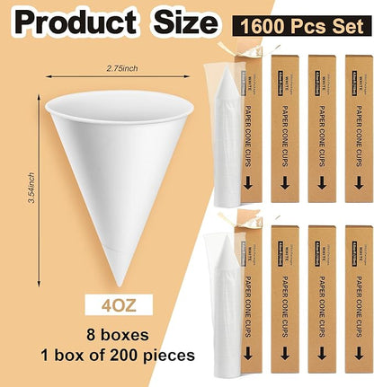 Roshtia 1600 Pcs 4 oz Paper Cone Cups Thicken Disposable Cone Cups for Shaved Ice, Slushies Water Cooler Dispenser, White