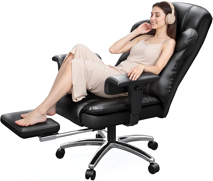 Office Chair with High Back,28.7" Deep Seat,Big and Tall Executive Leather Office Chair with Foot Rest & Arms,Reclining Desk Chair Ergonomic with Lumbar Support for Home Office,Blcak