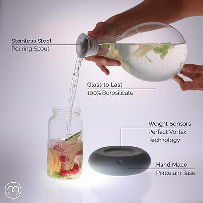 MAYU Swirl Structured Water Carafe - Innovative Vortex Technology Handblown Pitcher. Post Reverse Osmosis Filter Aerating Water Dispenser Stand 1.5 Liter| 51Oz Dining Glass Jug Design (Graystone Base)