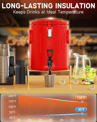 Insulated Beverage Dispenser 3.5 Gallon- Ice and Hot Drink Dispenser with 304 Stainless Steel Interior and Spout, Portable Hot Water Dispenser, Outdoors Cooler Jug for Camping Party Sports, New