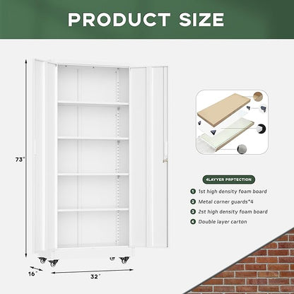 Greenvelly 73" Metal Storage Cabinet with Wheel and Pegboard, Lockable White Metal Garage Cabinets with 2 Doors and 4 Adjustable Shelves, Rolling Steel Tool Cabinet for Garage, Home Office, School