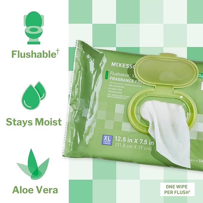 McKesson Flushable* Adult Wet Wipes XL – 288 Wipes (3 Pack of 96) – Aloe & Vitamin E, Plant-Based Cleansing Wipes, Unscented, Extra Large
