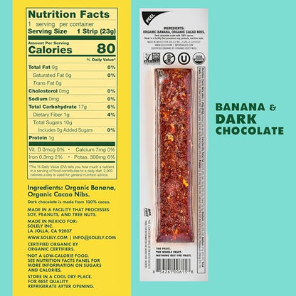 SOLELY - Organic Banana Chocolate Drizzled Fruit Jerky - 1 Individually Wrapped Fruit Strip - Fruit Leather Made from Dried Fruit - Healthy Snacks for Adults & Kids - Vegan, Non GMO - 0.8oz (23g)