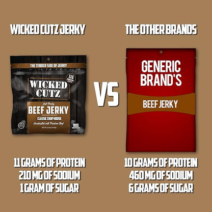 Wicked Cutz Classic Chop House Beef Jerky, 33g Protein Per Bag, Tender & Easy to Chew Alternative to Beef Sticks, USA Made High Protein Carnivore Snacks (2 Bags)