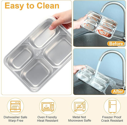 Honeydak 6 Pack Stainless Steel Snack Containers with Lids 4 Compartments Stainless Steel Lunch Box Reusable Meal Prep Lunch Containers for Home Travel Work Travel Camp Party