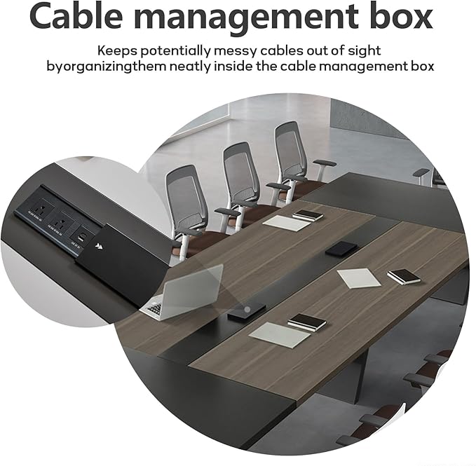 10FT Conference Table, Large Rectangular Seminar Meeting Table, Modern Conference Room Table with Cable Management & 2" Thickened DeskTop for Office Meeting (Oak + Grey, 118"L * 51"W * 30"H)