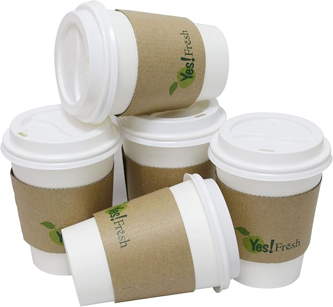 Yes!Fresh Disposable White 12 oz Paper Hot Coffee Cups with Lids for Office Parties Home Travel Corrugated Sleeve Hot Drink Cups(White 12 oz 50 count)