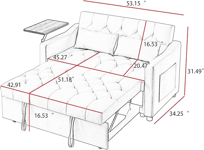 53'' Convertible Sleeper Sofa Bed with Adjustable Backrest, Chaise Lounge, Side Table & Two Pillows – Stylish & Functional Addition to Any Living Room (Modern Pink)