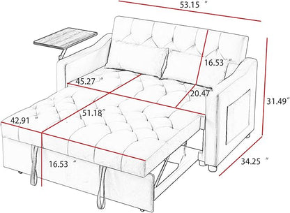 53'' Convertible Sleeper Sofa Bed with Adjustable Backrest, Chaise Lounge, Side Table & Two Pillows – Stylish & Functional Addition to Any Living Room (Modern Pink)
