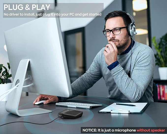 JOUNIVO Conference USB Microphone, 360° Omnidirectional Computer Mic with Mute Button for Video Conference, Recording, Skype, Online Class, Plug & Play Compatible with Windows/macOS/PC/Laptop(JV808)