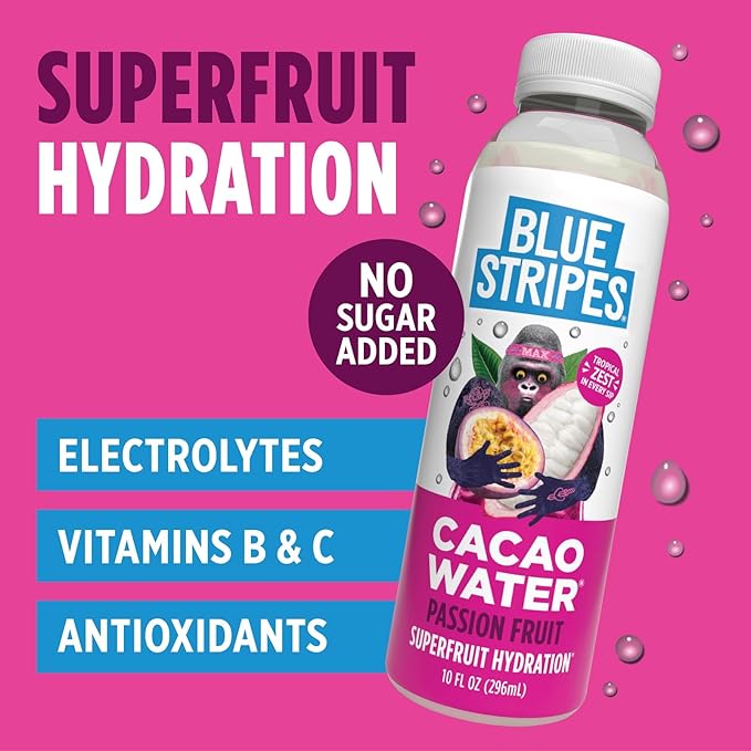 Blue Stripes Cacao Water - Cold Pressed Superfruit Hydration with Electrolytes & Antioxidants, No Sugar Added, All Natural, Great for Protein Shakes & Smoothies - Passion Fruit, 6 Pack
