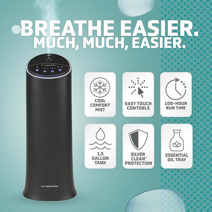 Pure Guardian Ultrasonic Cool Mist Humidifier, 100 Hour Run Time, 1.5 Gallon Tank, 440 Sq. Ft. Coverage, Medium Rooms, Quiet, Filter Free, Black, H3200BAR
