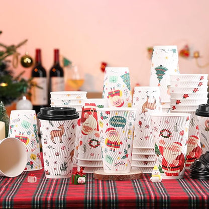 100 Pack Christmas Coffee Cups with Lids 16oz, Disposable Insulated Ripple Wall To Go Paper Coffee Cups for Hot/Cold Drinks Office Home Shop Event (Colorful)