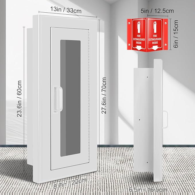 Fire Extinguisher Recessed Wall Cabinet, Galvanization Steel Fire Extinguisher Box with Magnetic Door, Suitable for 10 Lb Fire Extinguishers, Equipped Acrylic High-Position Sign (White)