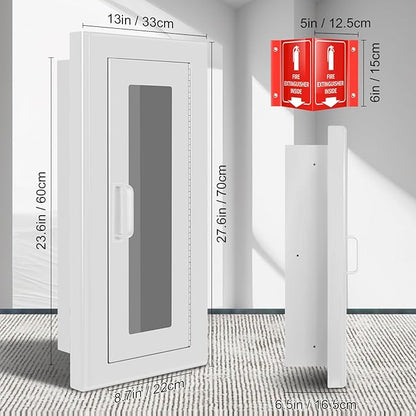 Fire Extinguisher Recessed Wall Cabinet, Galvanization Steel Fire Extinguisher Box with Magnetic Door, Suitable for 10 Lb Fire Extinguishers, Equipped Acrylic High-Position Sign (White)