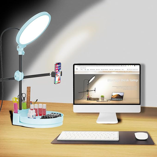 Selfie Light Kit for Desk and Laptop,55W Dimmable Full Screen Ring Light,with Rotating Storage Box,Pen Holder Stand,Phone Holder and Controller (Ice Blue, 10.5)