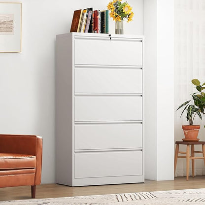 5-Drawer Lateral File Cabinet with Lock, Black Metal Filing Cabinet for Office or Home – Secure Storage for Letter/Legal/A4/F4 Documents, Easy to Assemble Locking File Organizer (White, 5 Drawer-64"H)