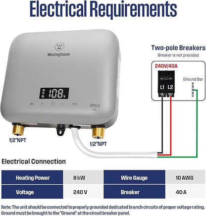 Westinghouse Apolo Mini 8kW Tankless Water Heater Electric, 240V Instant Hot Water, Smart WiFi Control, Compatible with Alexa & Google Home, Gray